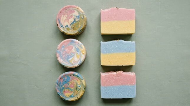 Handmade artisan soap bars and round soaps with colorful swirls and layers on a soft sage green background