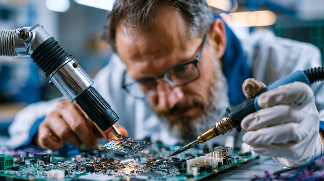 PCB rework technician using hot air station to remove BGA chip from failed board under magnification, electronics repair manufacturing, board level rework, electronic assembly quality, SMT rework pr