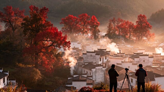 Photographers capture autumn sunrise over traditional village with red foliage and rising smoke