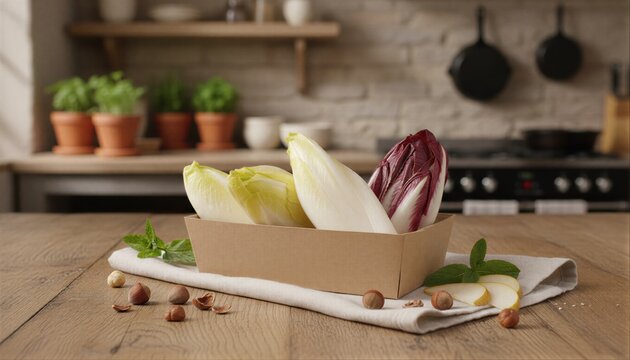 Fresh Belgian endives and radicchio on rustic wooden table