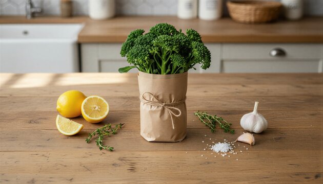 Fresh broccolini in artisanal paper on rustic wooden table