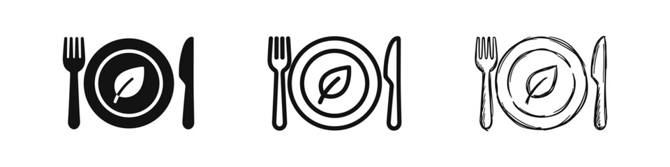 Naklejka premium Healthy food and dining icons, cutlery with leaf on plate, organic nutrition concept