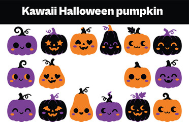 Obraz premium Set of 15 flat icons related to kawaii halloween pumpkin - collection of jack o lantern, star eye, heart eye, crescent eye, purple, orange, black vector elements