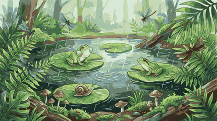Rainy day swamp landscape with dragonflies, mushrooms and frogs on water lilies © Akhi Ayra