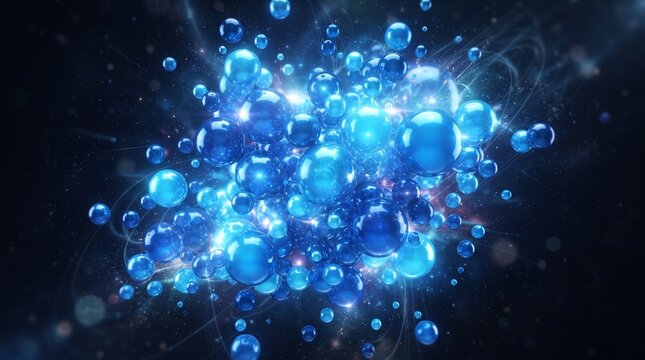 Blue glowing bubbles floating in dark space background