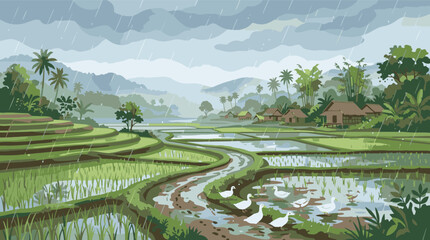 Obraz premium Rainy day in rural asian village with green rice terrace fields and ducks vector illustration