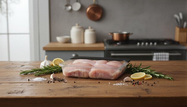 Fresh chicken thighs with herbs on rustic oak