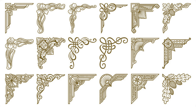 Elegant golden art nouveau corner ornaments with floral and geometric motifs for decorative design