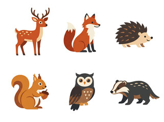 Naklejka premium Children's cartoon woodland animals illustrations set deer fox hedgehog squirrel owl badger
