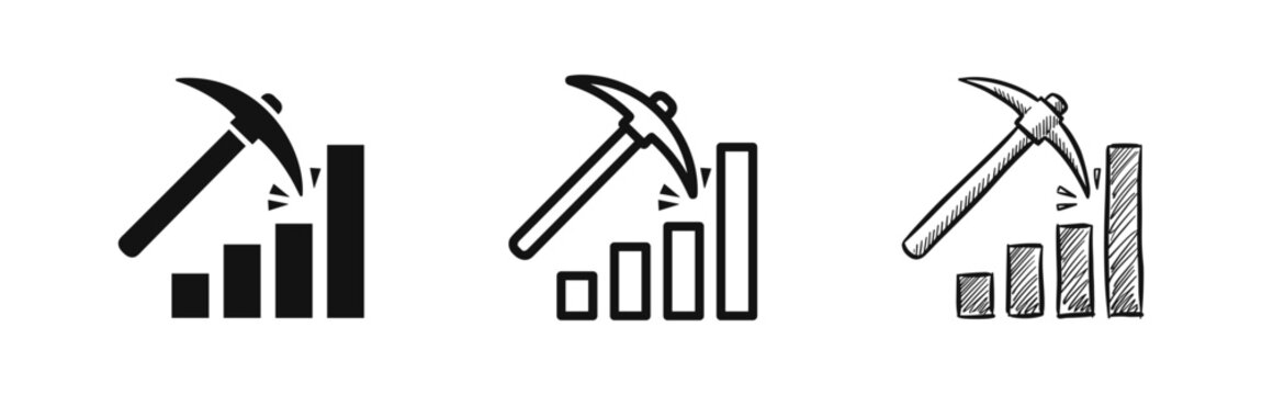 Mining pickaxe on growth chart icons in different styles