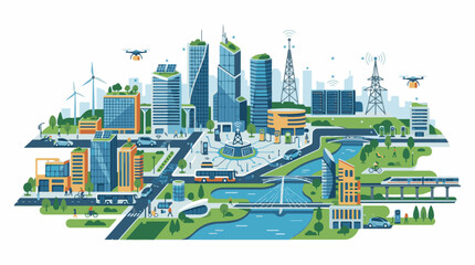 Fototapeta premium Smart city with renewable energy drones and electric vehicles