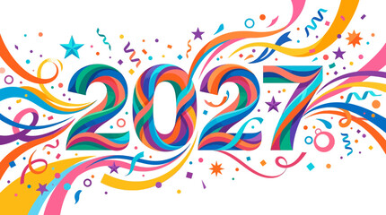 Obraz premium Vibrant 2027 new year celebration graphic design with confetti stars with surrounded swirling ribbons celebratory color palette showcases dynamic festive