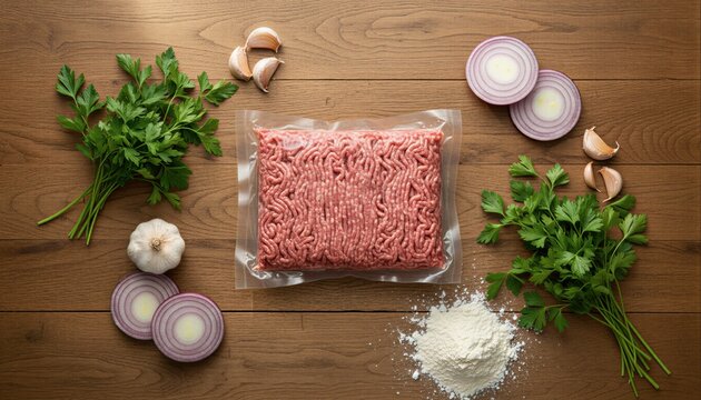 Fresh ground beef with farm-fresh ingredients on a rustic table