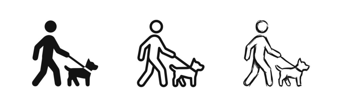 Person walking a dog icons: solid black, outline, and hand-drawn sketch.