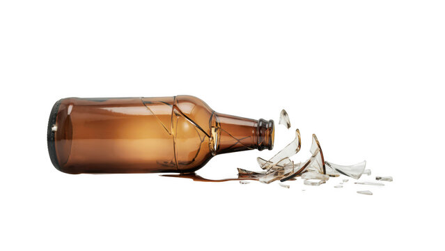 Broken brown glass beer bottle on floor isolated on transparent background