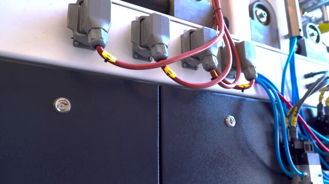 Industrial electrical panel showing connectors, cables, and wiring connections
