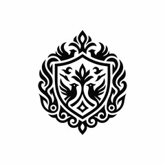 Fototapeta premium Heraldic Emblem with Birds and Tree - Ornate Shield Crest - Black and White Vector