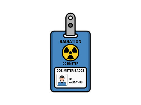 A radiation dosimeter badge with personal ID information - ideal for safety protocols, scientific research, medical applications, and educational content related to radiation protection