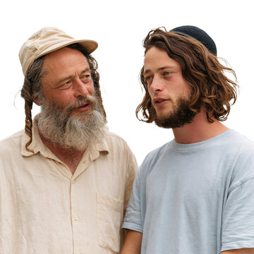 Portrait of an older bearded man with sidecurls and a young man wearing a kippah, having a conversation isolated on transparent or white background, png