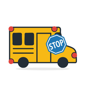 Flat vector illustration of a yellow school bus with a stop sign.