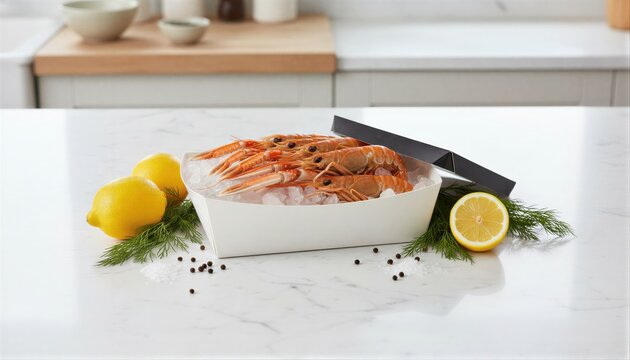 Fresh langoustines in artisanal packaging on marble