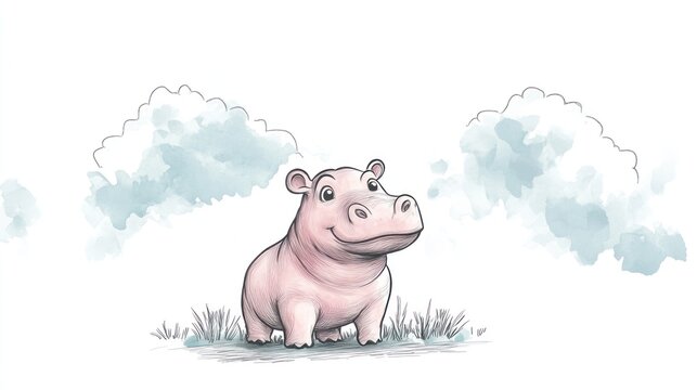 Cute cartoon hippo standing amidst wispy grass, set against soft, cloudy backdrop