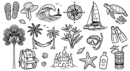 Hand drawn beach vacation elements with tropical plants and nautical symbols on white background © Graphic Seller
