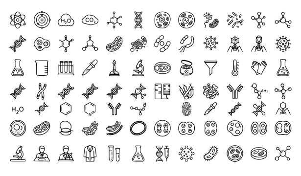 Molecule Cell Atom and Protein Editable Stroke Outline Icon Set Vector