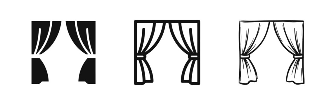 Window curtains icon set in solid, outline and hand drawn sketch styles