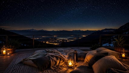 Fototapeta premium Breathtaking Night View from Cozy Mountain Terrace Overlooking Sparkling Valley Town Under Vast Starry Sky with Warm Candlelight and Comfortable Blankets for Relaxation