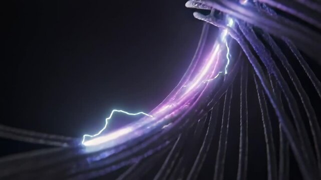 Abstract 3D animation of twisting metallic cables conducting electricity. Purple and blue lightning arcs flashing through futuristic wires on a dark background. Technology and data transfer concept