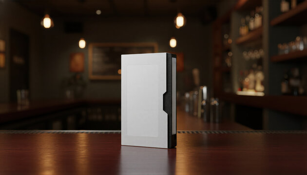 Elegant white labeled VHS box on a dark mahogany bar under moody cinematic lighting