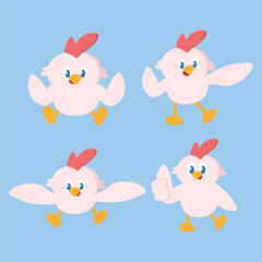 Naklejka premium A playful design sheet featuring a collection of four cute cartoon pink chick characters in various flying and thumbs-up poses, neatly arranged on a solid light blue background canvas.