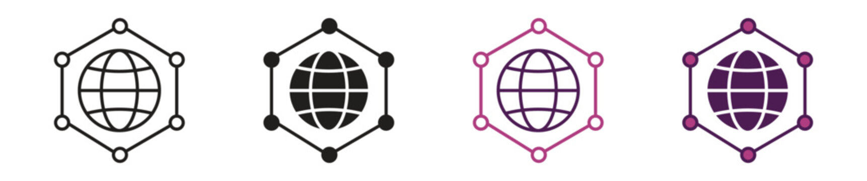 Network globe icon set. Connected nodes, digital communication symbols. Global network nodes connection icon . Vector Illustration.