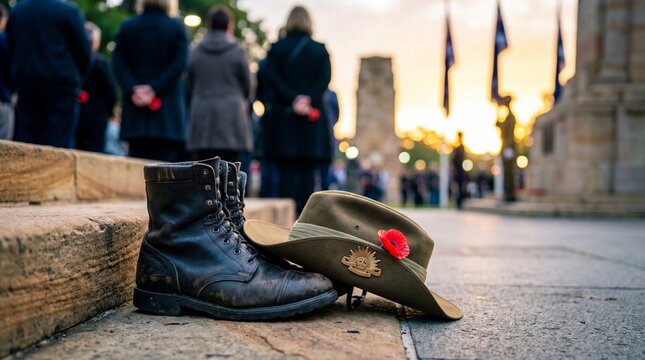 Military boots and slouch hat with red poppy on pavement near war memorial. Blurred crowd gathering at sunset with australian flags. Veteran remembrance and anzac day honor concept for peace tribute