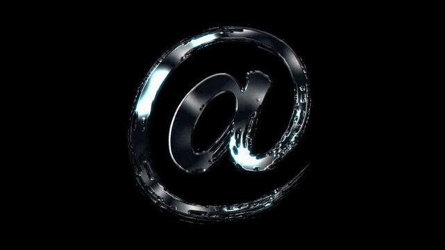 Silver metallic brush stroke symbol "at sign". Alpha channel. Seamless loop video.