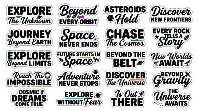 Inspirational space quotes typography set for exploration and cosmic adventure concept