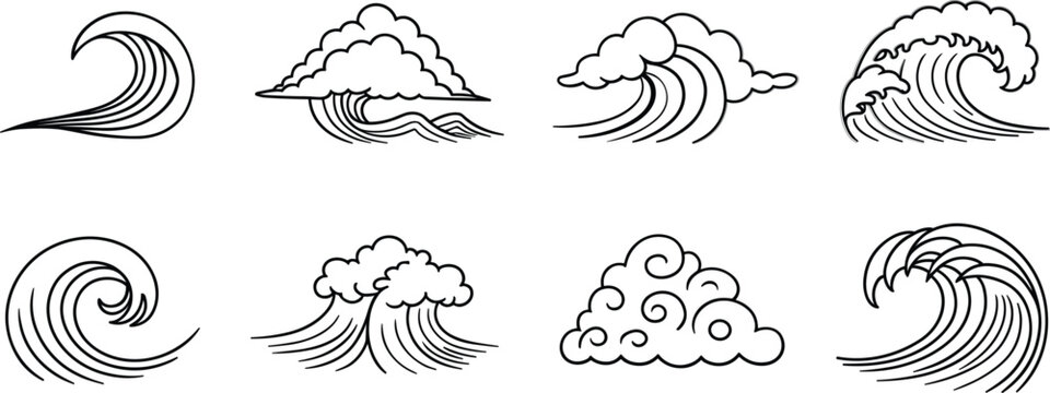 Ocean Wave Collection Vector Set, Hand Drawn Sea Surf Outline Illustration Design Elements Pack