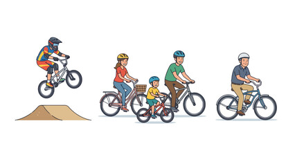 Obraz premium People cycling set with BMX jump family and senior rider