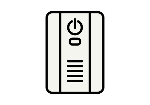 Icono de sistema de alimentaci&oacute;n ininterrumpida ups con bot&oacute;n de encendido en blanco y negro