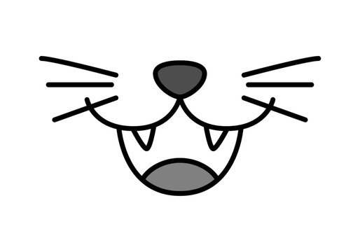 Hocico de gato con bigotes y colmillos mostrando la boca abierta