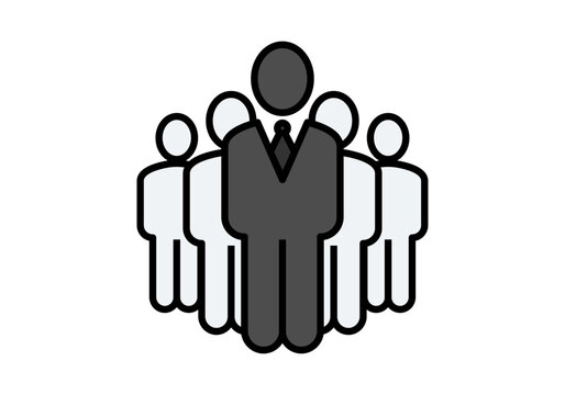 Icono de l&iacute;der de negocios con traje y corbata al frente de su equipo corporativo
