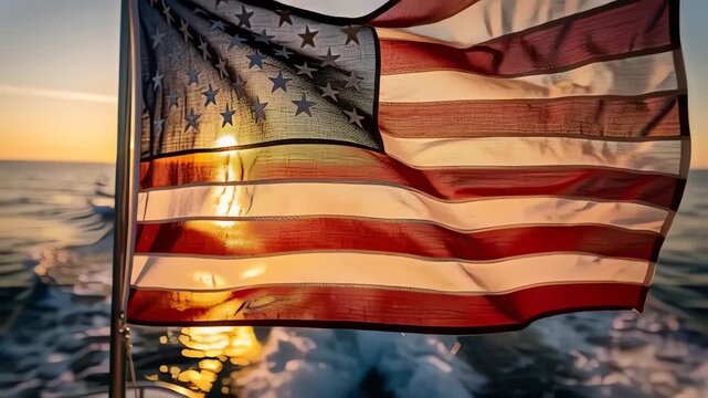 Backlit american flag over shimmering water at sunset for 4th of July Independence Day patriotic maritime