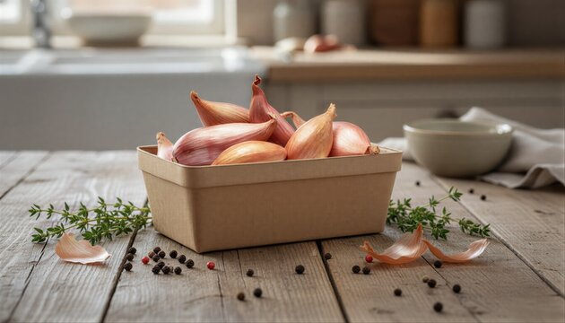 Fresh organic shallots in rustic cardboard punnet