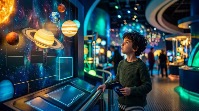 Boy exploring interactive solar system display in planetarium. Child holding tablet while viewing glowing planets and stars