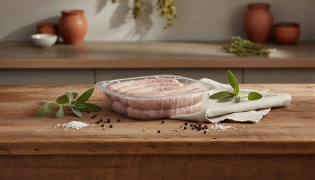 Fresh pork chipolatas with herbs on rustic wood