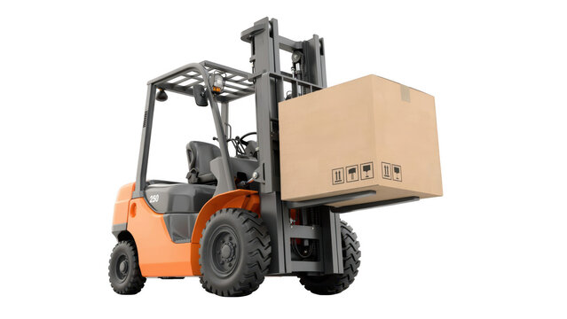 Orange forklift truck lifting a heavy cardboard box for warehouse transportation isolated on transparent background