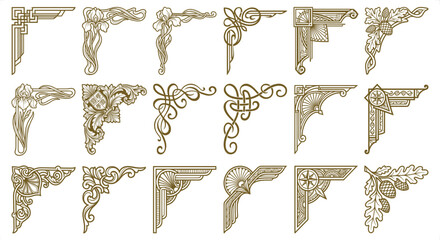 Ornate Vintage Corner Flourishes with Acorn and Floral Motifs in Antique Gold on White © Graphic Seller