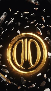 Dynamic Transformation of a Golden Emblem Surrounded by Shattered Fragments, Capturing Motion and Elegance in a Visual Contrast of Light and Shadow