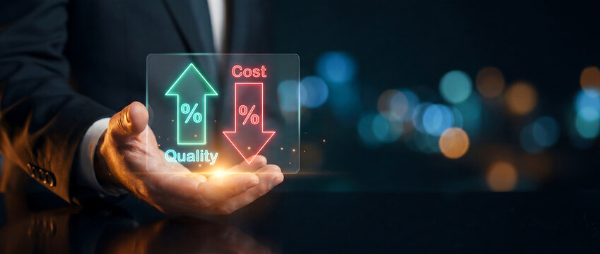 Businessman showing digital screen with up arrow for cost and down arrow for quality indicating cost reduction and quality improvement in business operations